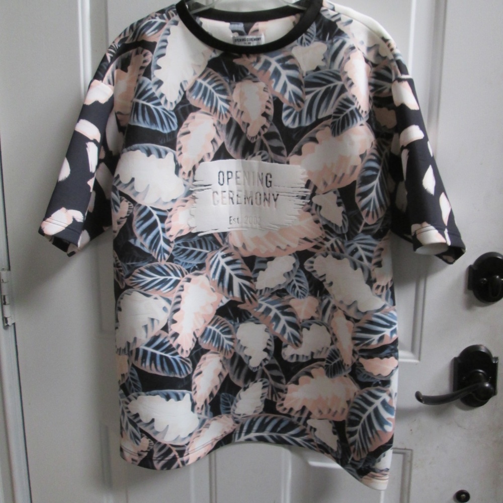 OPENING CEREMONY MEN'S BLACK/BEIGE Leaf design SHORT SLEEVES SHIRT Sz OS